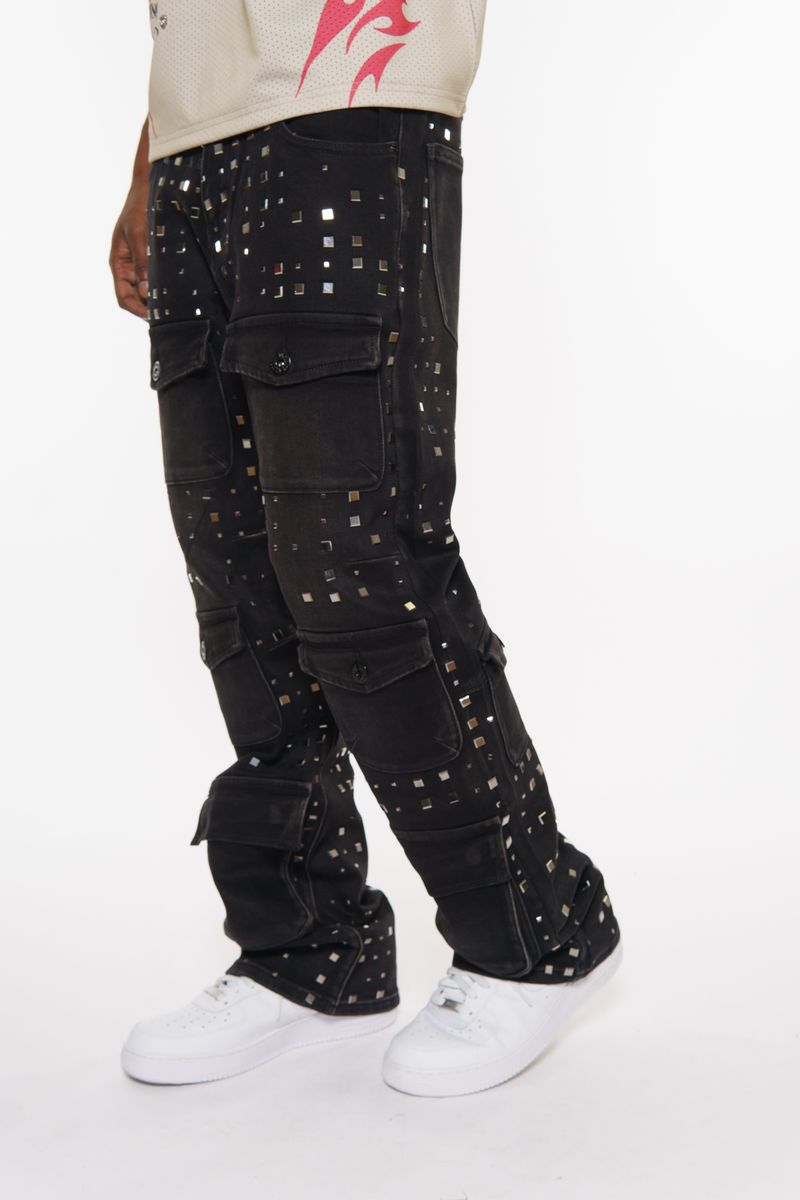 VICIOUS RELAXED FLARE FIT STUDDED CARGO POCKET DENIM