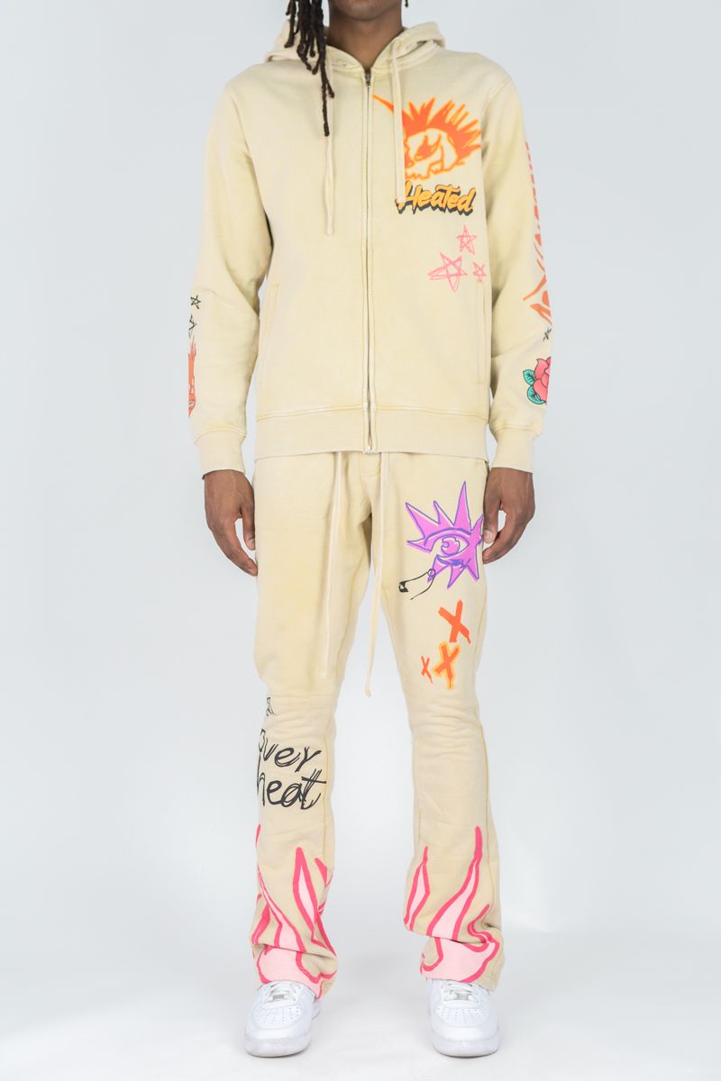 REBEL MNDS HEATED WASHED FULLZIP HOODIE & STACKED PANTS SET-KHAKI