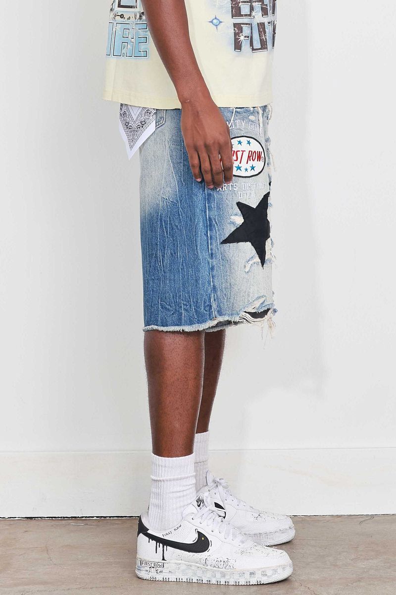 FIRST ROW PATCHES CUT OFF PLAID DENIM JORTS