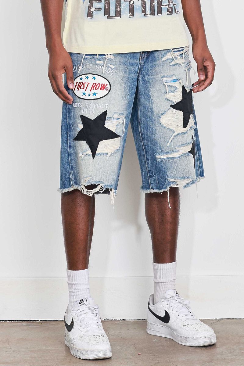 FIRST ROW PATCHES CUT OFF PLAID DENIM JORTS