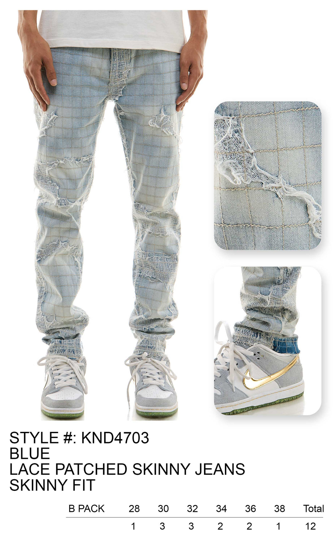 KDNK LACE PATCHED SKINNY JEANS-Blue