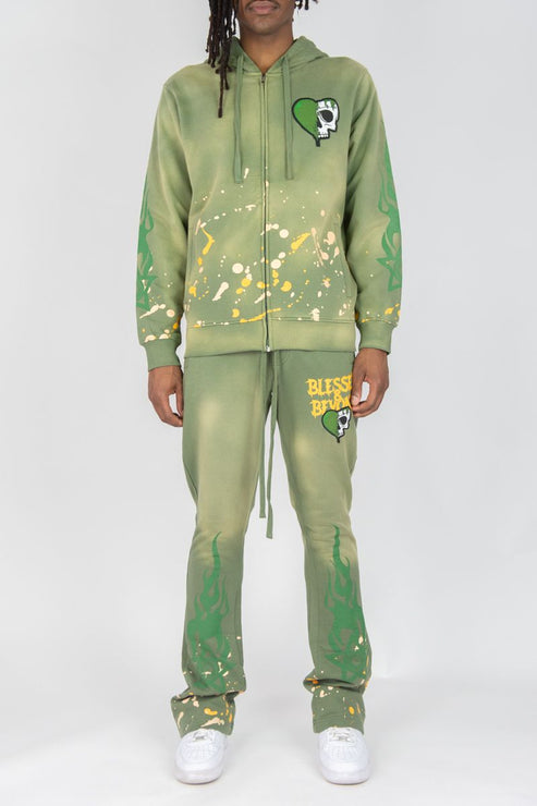 REBEL MINDS BLESSED BEYOND WASHED FLEECE STACKED PANTS & ZIP HOODIE