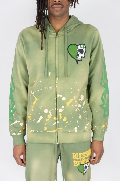 REBEL MINDS BLESSED BEYOND WASHED FLEECE STACKED PANTS & ZIP HOODIE