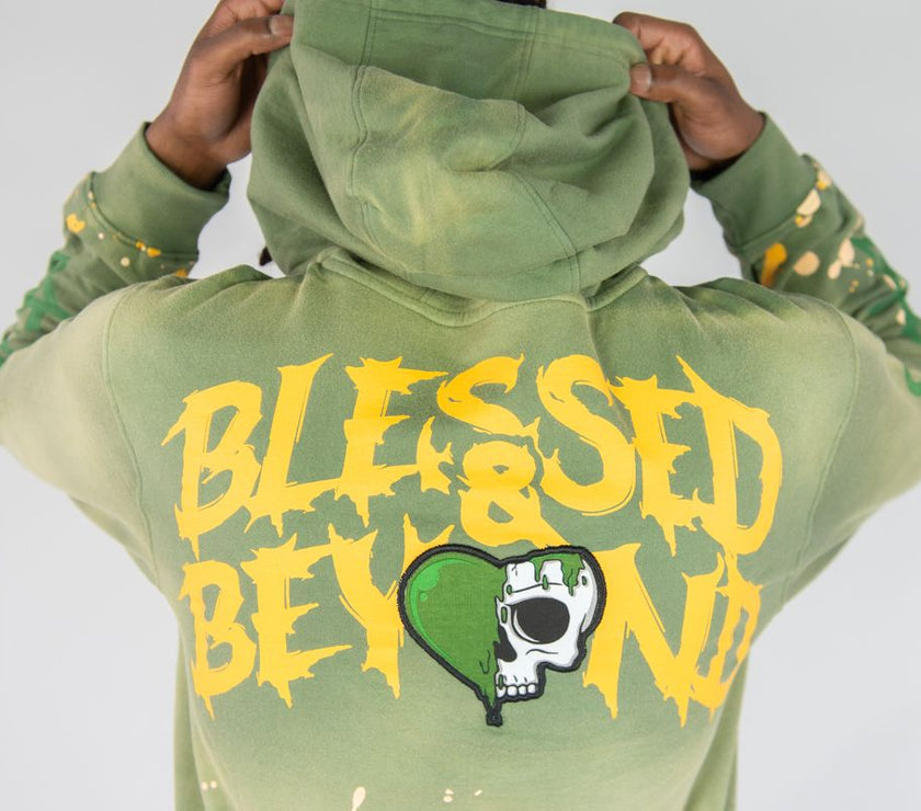 REBEL MINDS BLESSED BEYOND WASHED FLEECE STACKED PANTS & ZIP HOODIE