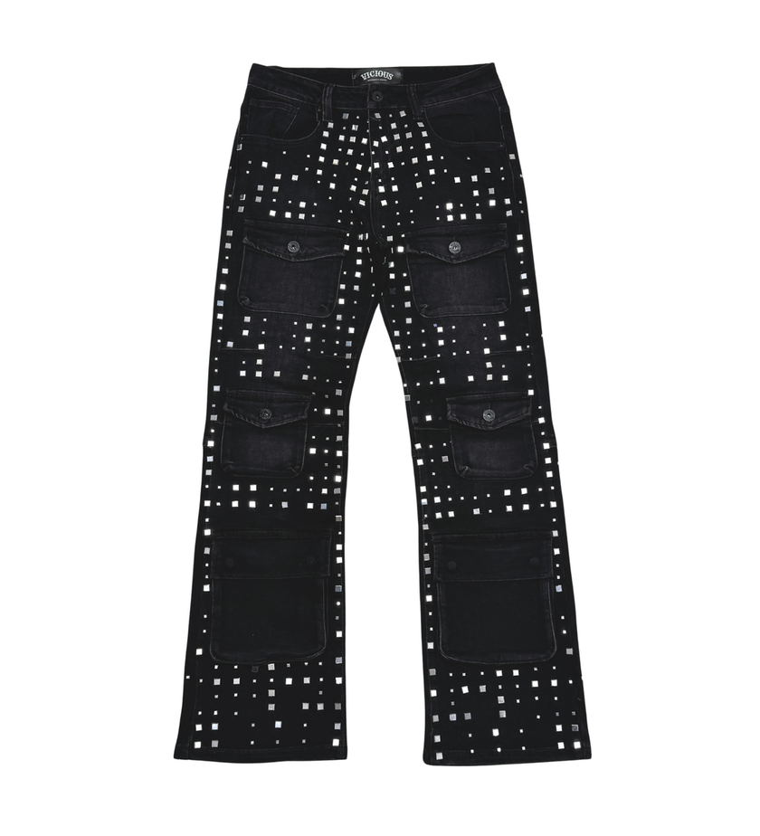 VICIOUS RELAXED FLARE FIT STUDDED CARGO POCKET DENIM