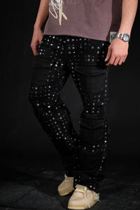 VICIOUS RELAXED FLARE FIT STUDDED CARGO POCKET DENIM
