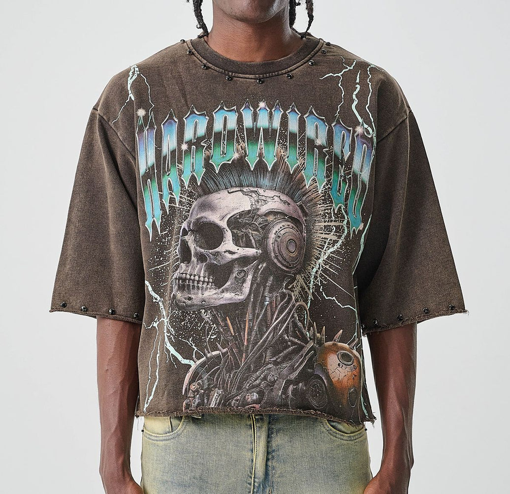 Taker CROPPED T-SHIRT WITH DIGITAL PRINT & RHINESTONES