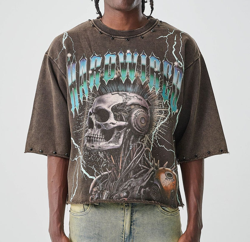 Taker CROPPED T-SHIRT WITH DIGITAL PRINT & RHINESTONES