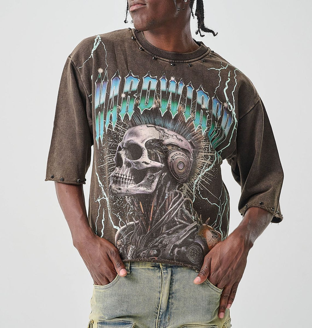 Taker CROPPED T-SHIRT WITH DIGITAL PRINT & RHINESTONES