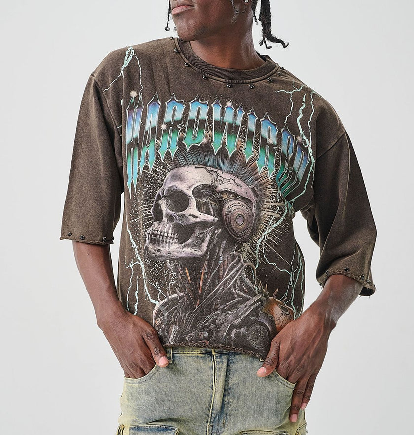Taker CROPPED T-SHIRT WITH DIGITAL PRINT & RHINESTONES