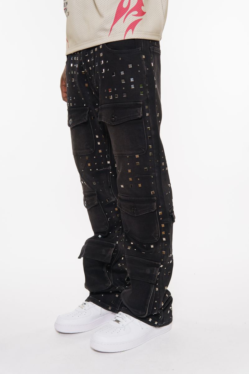 VICIOUS RELAXED FLARE FIT STUDDED CARGO POCKET DENIM