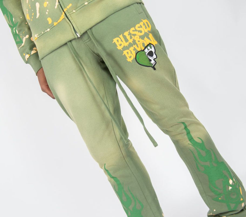 REBEL MINDS BLESSED BEYOND WASHED FLEECE STACKED PANTS & ZIP HOODIE