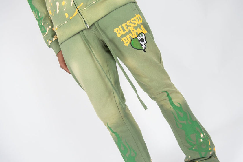 REBEL MINDS BLESSED BEYOND WASHED FLEECE STACKED PANTS & ZIP HOODIE