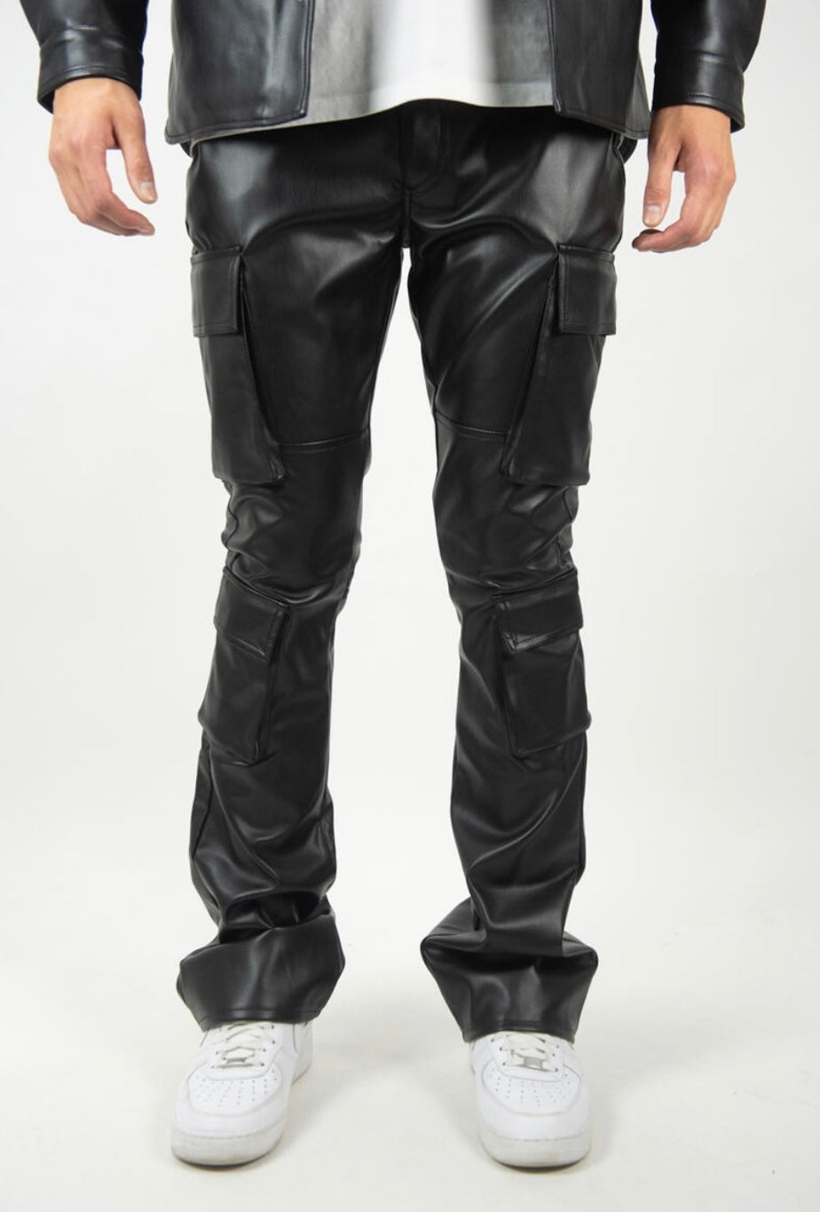 R3BEL FAUX LEATHER CARGO PANTS Stacked Fit
