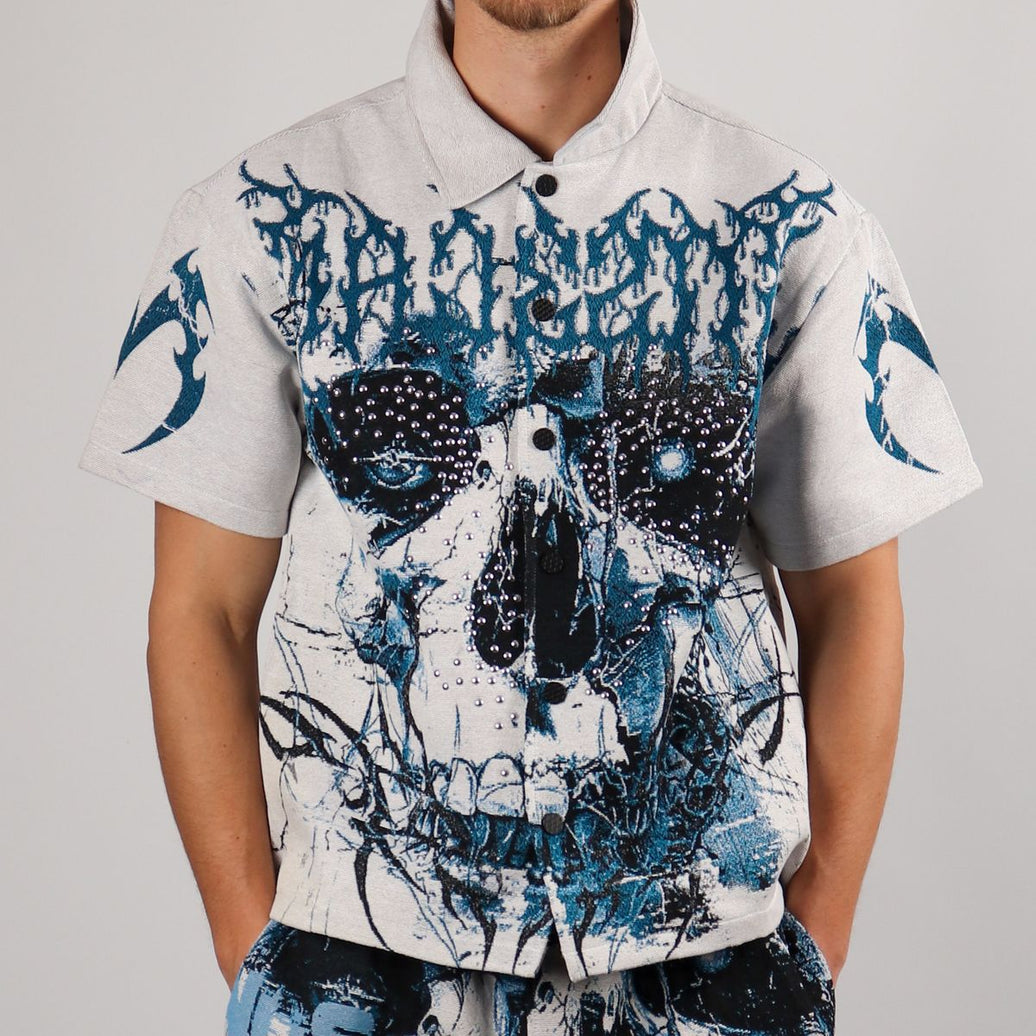 Majestik Fearless Skull Rhinestone Tapestry Shirt