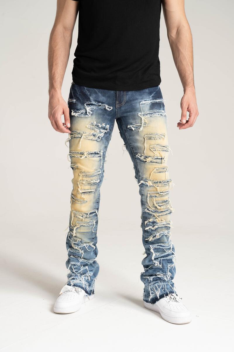 TAKER PREMIUM QUALITY STACK JEANS WITH MULTI RIP & REPAIR