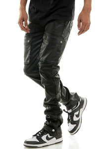 KDNK BLACK WAXED LEATHER STACKED JEANS