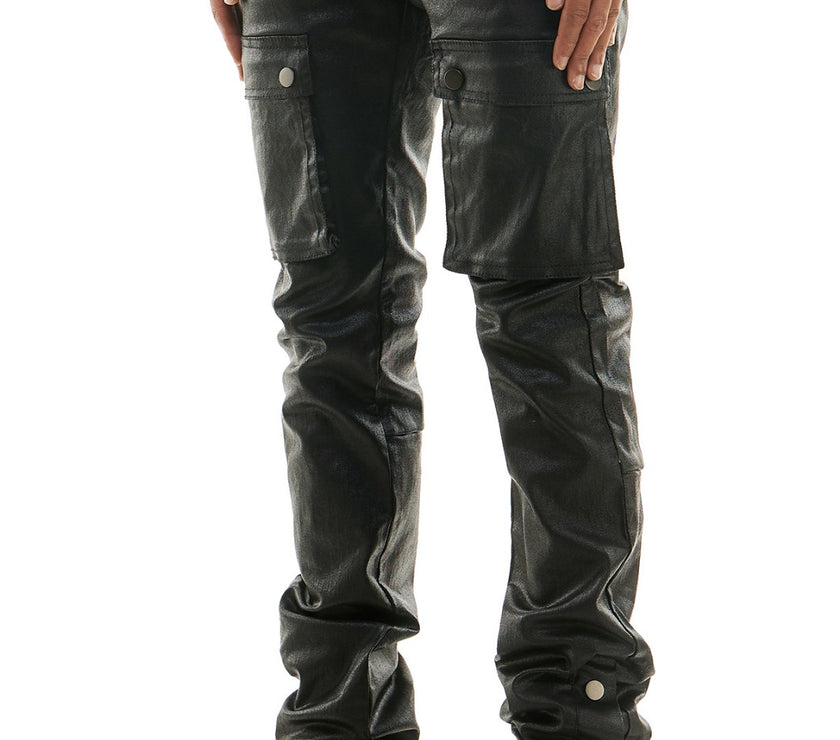 KDNK BLACK WAXED LEATHER STACKED JEANS