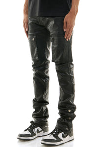 KDNK BLACK WAXED LEATHER STACKED JEANS