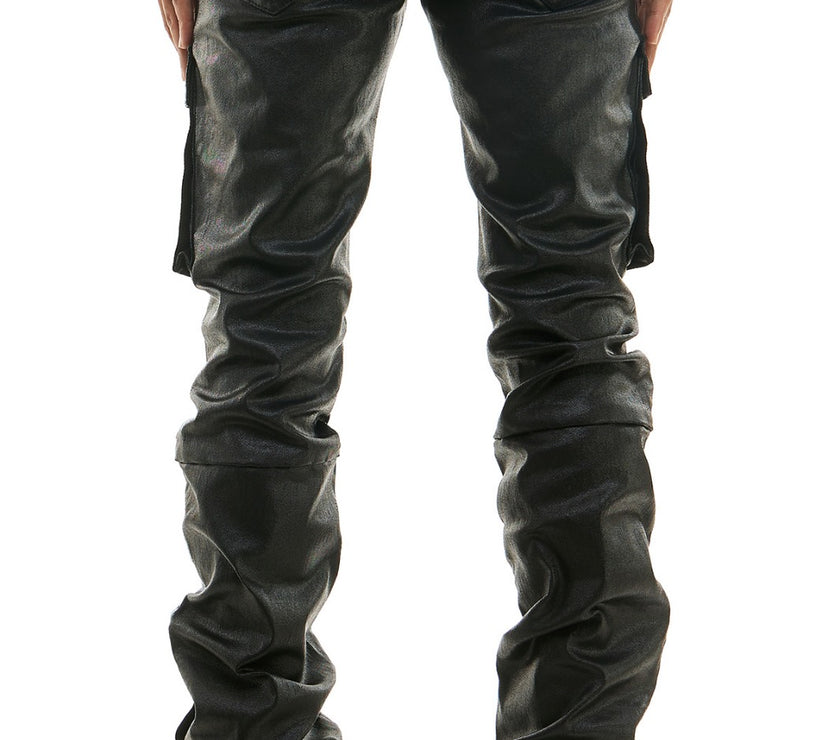 KDNK BLACK WAXED LEATHER STACKED JEANS