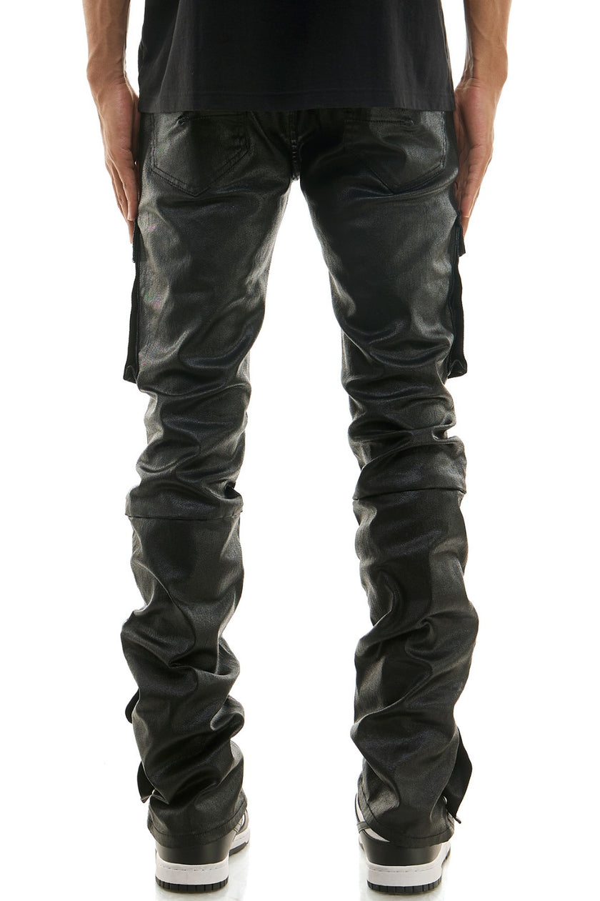 KDNK BLACK WAXED LEATHER STACKED JEANS