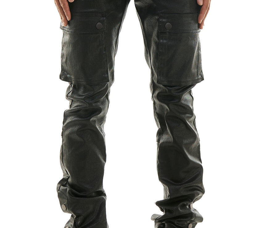 KDNK BLACK WAXED LEATHER STACKED JEANS