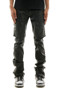 KDNK BLACK WAXED LEATHER STACKED JEANS