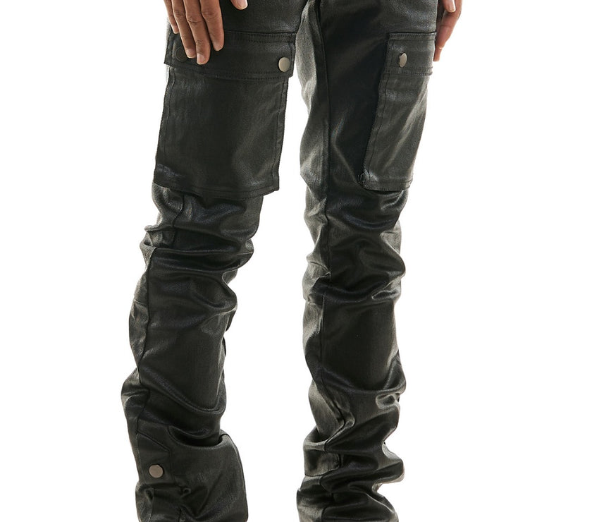 KDNK BLACK WAXED LEATHER STACKED JEANS