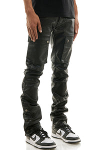 KDNK BLACK WAXED LEATHER STACKED JEANS