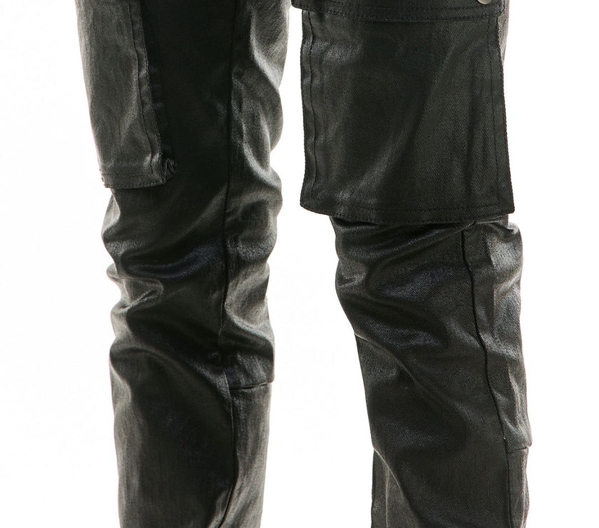 KDNK BLACK WAXED LEATHER STACKED JEANS