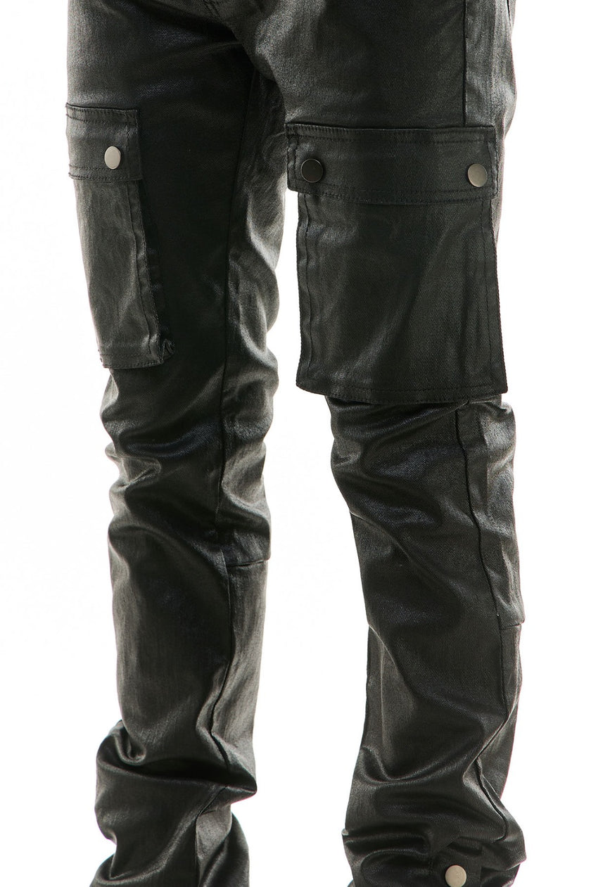 KDNK BLACK WAXED LEATHER STACKED JEANS