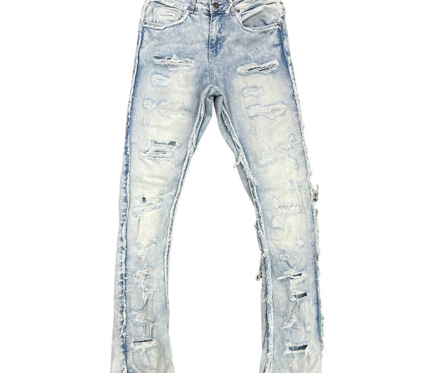 FOCUS JEANS - DISTRESSED FRAYED EMB STACKED DENIM - ICE BLUE - 3498