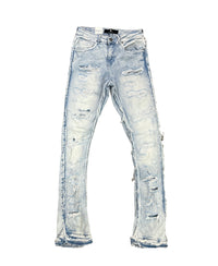 FOCUS JEANS - DISTRESSED FRAYED EMB STACKED DENIM - ICE BLUE - 3498