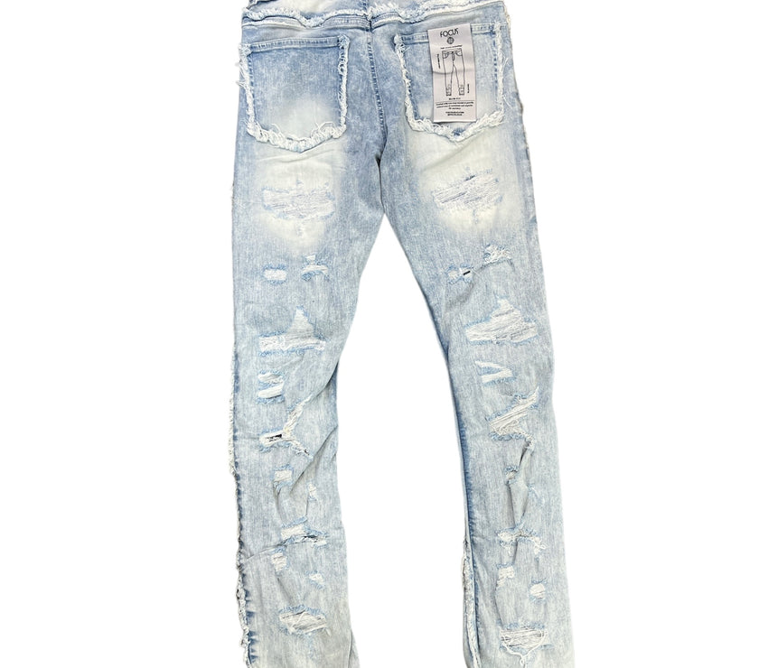 FOCUS JEANS - DISTRESSED FRAYED EMB STACKED DENIM - ICE BLUE - 3498