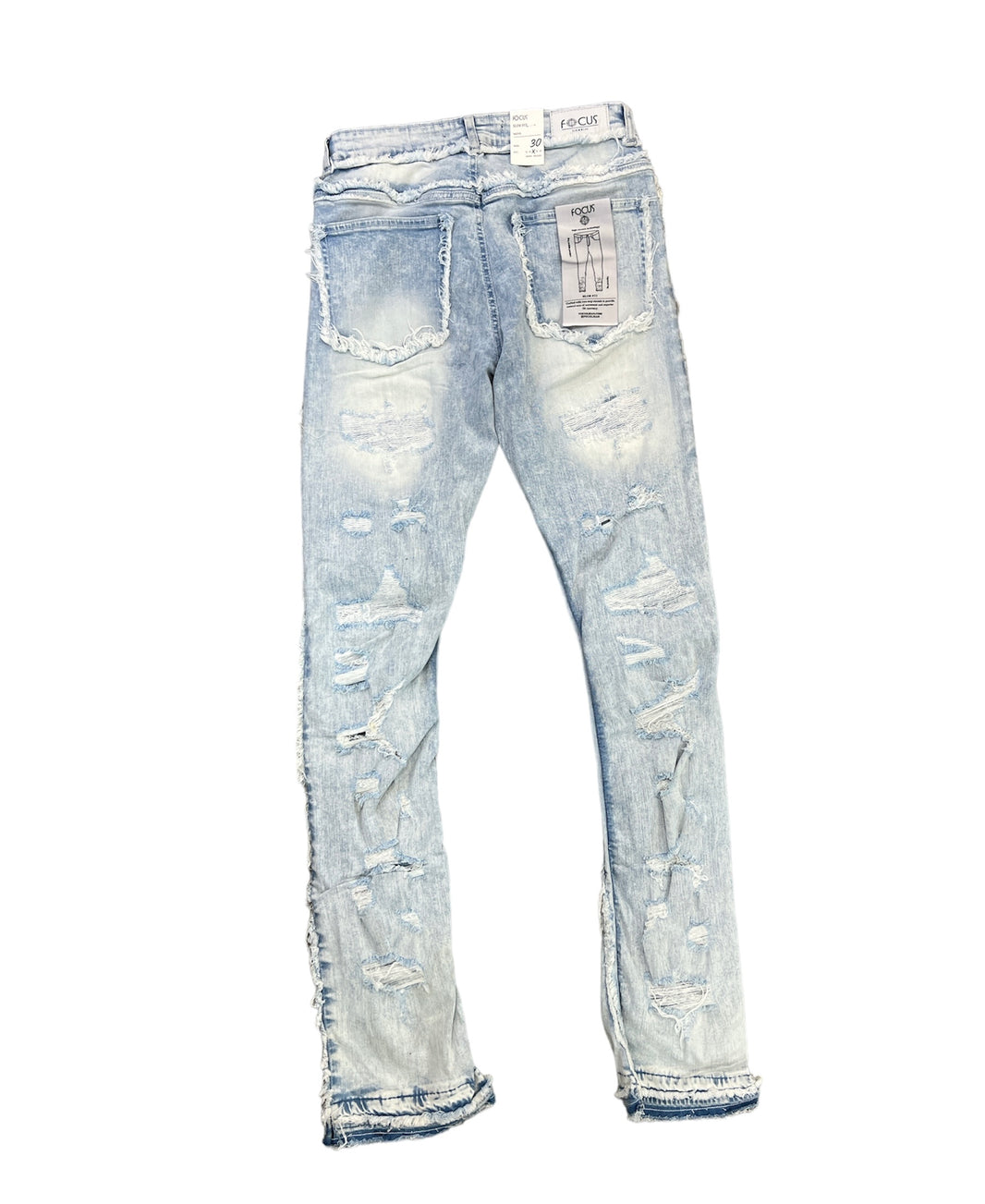 FOCUS JEANS - DISTRESSED FRAYED EMB STACKED DENIM - ICE BLUE - 3498