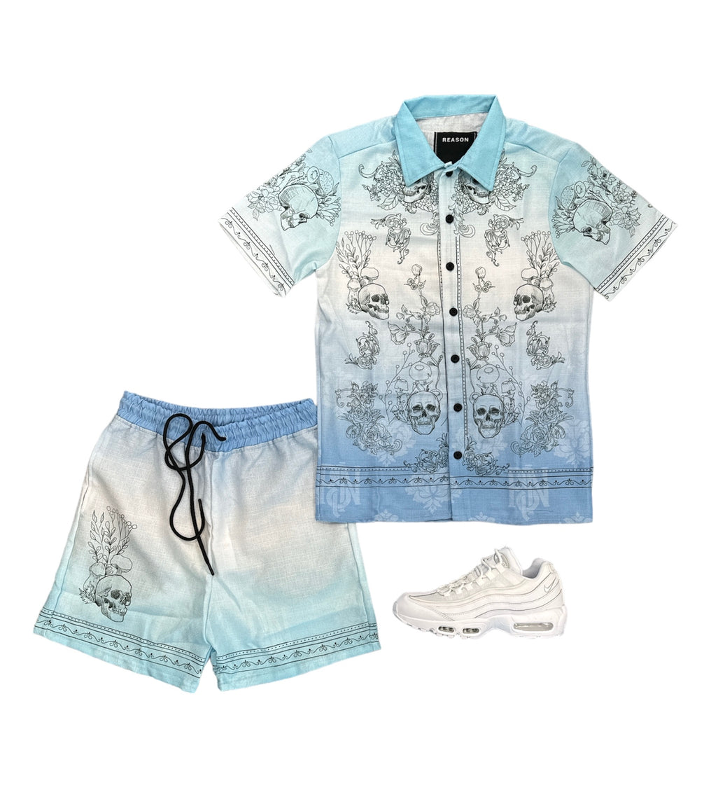 REASON BRAND Styx Skulls Linen Texture 2 PC Short Sleeve Shirt & Short - Light Blue